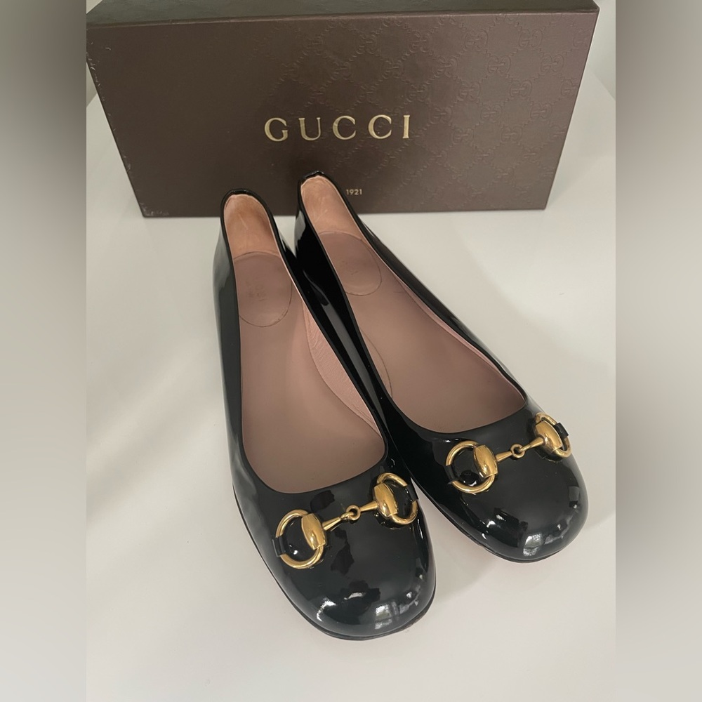GUCCI ‘Jolene’ Black Patent Leather Horsebit Buckle Flats, 7.5, Near new!